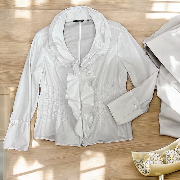 EUC- Samuel Dong- Dbl Zip Smocked Wire Neckline Front Ruffles White Top- M - Picture 5 of 15